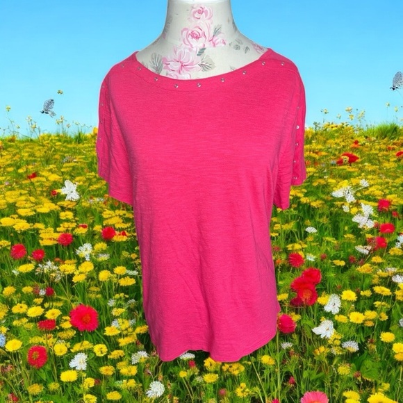 Chico's Pink Relaxed Short Sleeve T-Shirt with Studded Detail - Picture 1 of 7